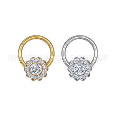 Piercing Argola Aço Cirúrgico Segmento Articulado Flor Zircônia