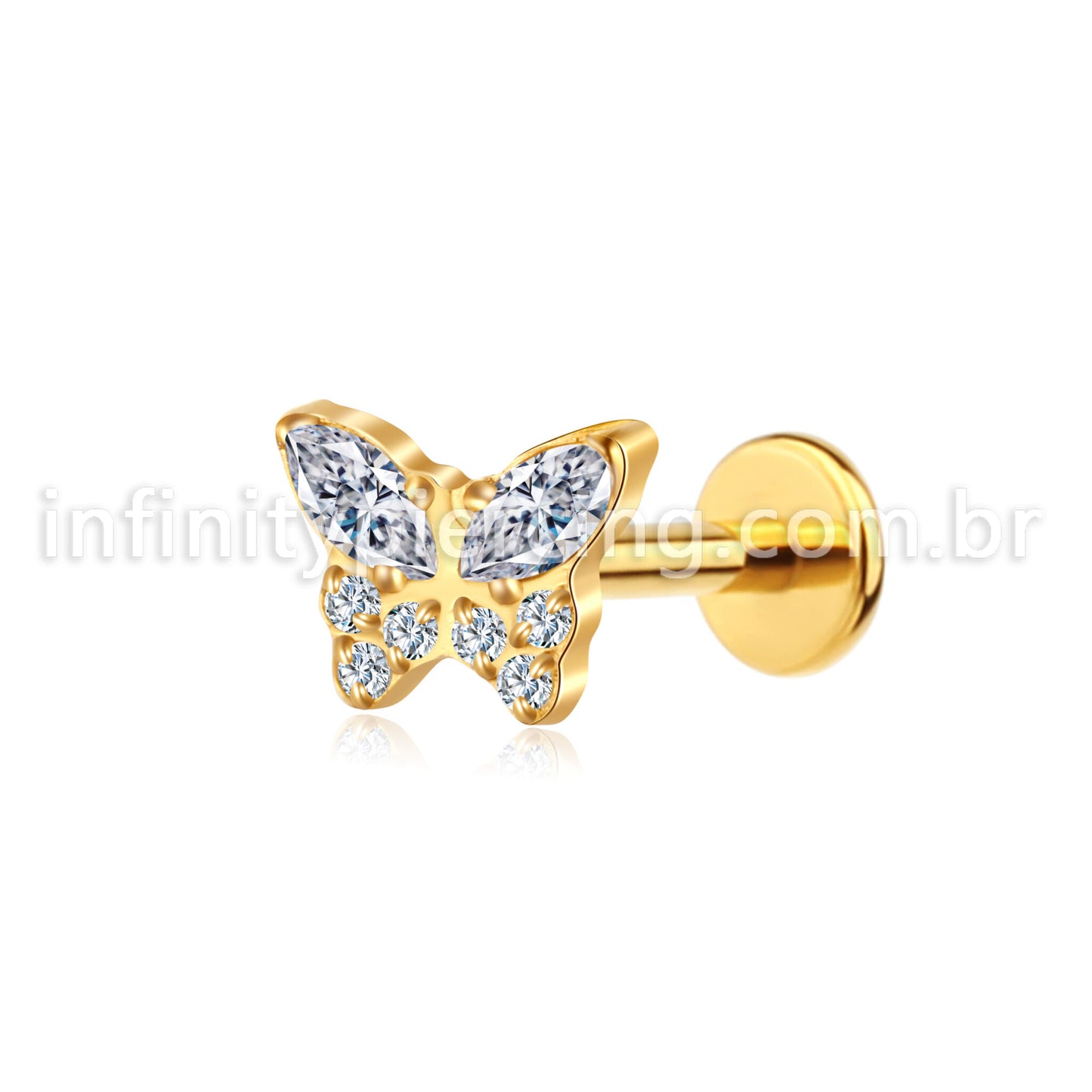 Piercing Labret Aço Cirúrgico Borboleta Zircônia Cravejada