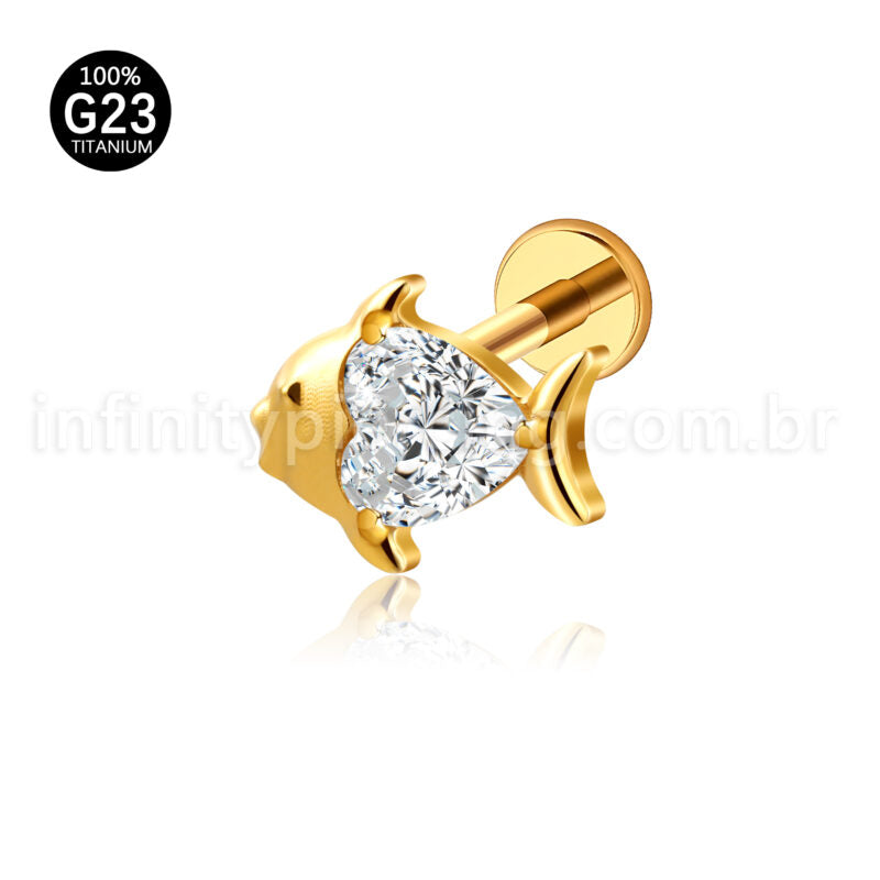 Piercing Labret Titânio Peixe Zircônia Cravejada