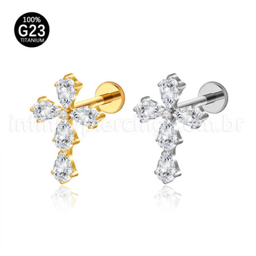 Piercing Labret Titânio Cruz Zircônia Cravejada