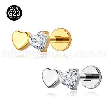 Piercing Labret Titânio Dois Corações Zircônia Cravejada