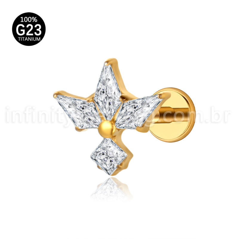 Piercing Labret Titânio 4 Pedras Zircônia Cravejada
