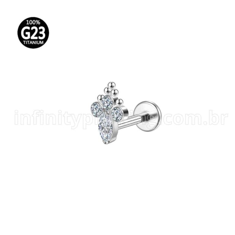 Piercing Labret Titânio Rosca Interna 4 Pedras Zircônia Cravejada