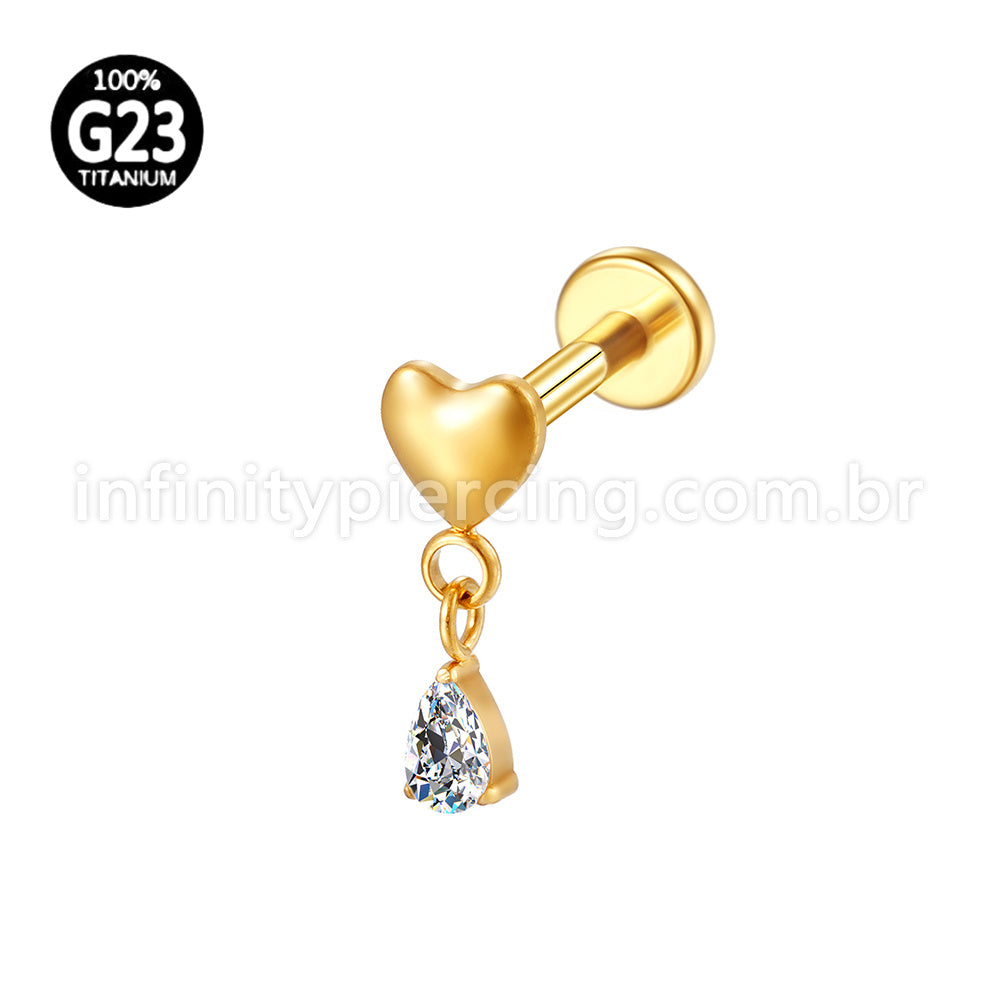 Piercing Labret Titânio Coração Pingente Zircônia Cravejada