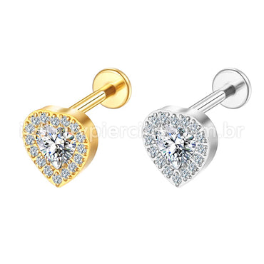 Piercing Labret Aço Cirúrgico Coração Zircônia Cravejada
