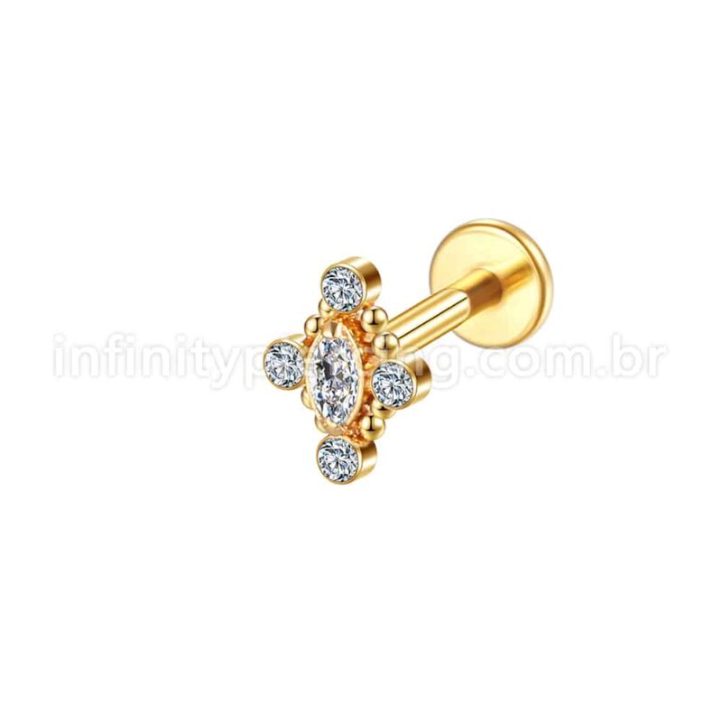 Piercing Labret Aço Cirúgico Indiano 5 Pedras Zircônia Cravada