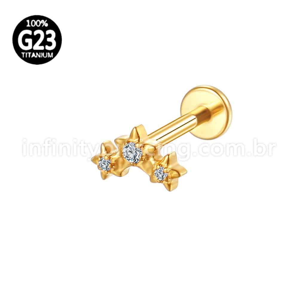 Piercing Labret Titânio 3 Estrelas Zircônias