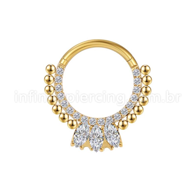 Piercing Argola Segmentada Aço Cirurgico Zircônia 3 Pedras Ovais Com Pontas