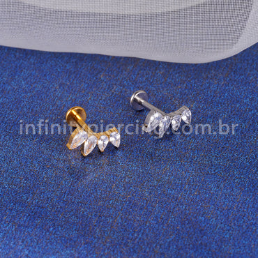 Piercing Labret Titânio Curvo 4 Pedras Zircônia Cravejada