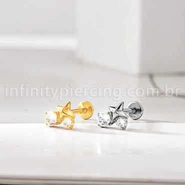 Piercing Labret Titânio Estrela 4 Pontas Com Zircônia Cravejada