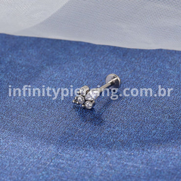 Piercing Labret Titânio Rosca Interna 4 Pedras Zircônia Cravejada
