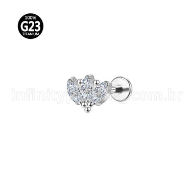 Piercing Labret Titânio Rosca Interna Zircônia Cravejada 3 Pedras Oval