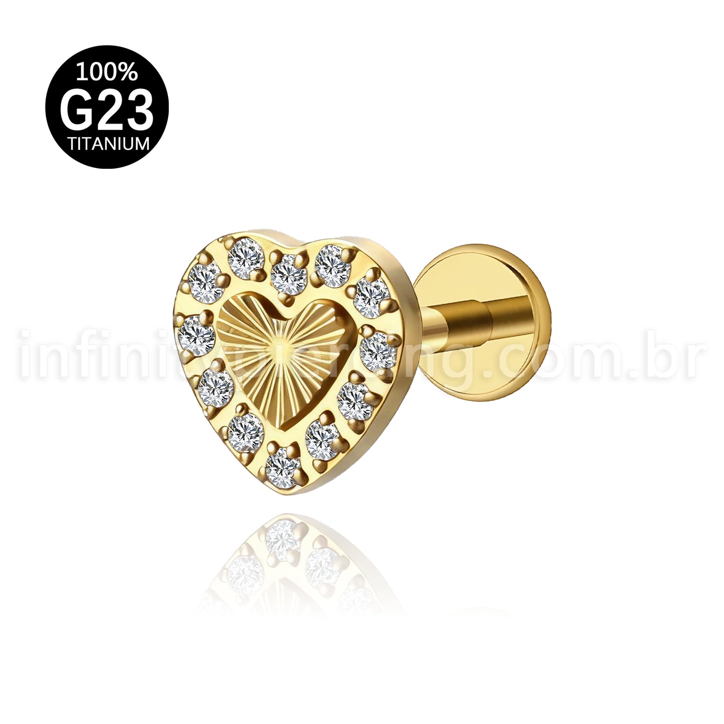 Piercing Labret Titânio Coração Com Zircônia Cravejada