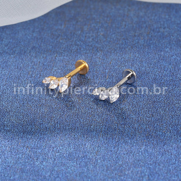Piercing Labret Titânio Trio Zircônias Oval Cravejadas