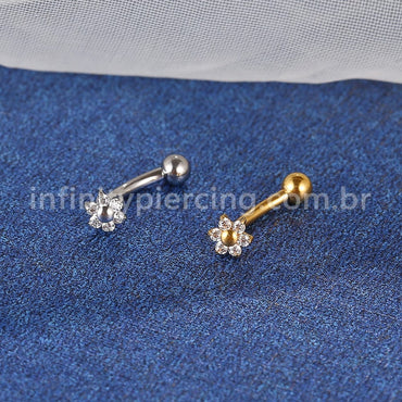 Piercing Minibarbell Curvo Aço Cirúrgico Flor Zircônia