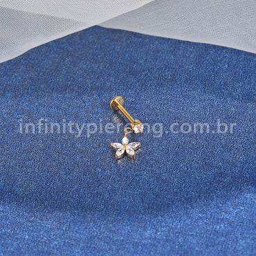 Piercing Labret Aço Cirúrgico Com Pingente Flor Zircônia Cravejada