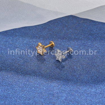 Piercing Labret Aço Cirúrgico Estrela Zircônia Cravejada