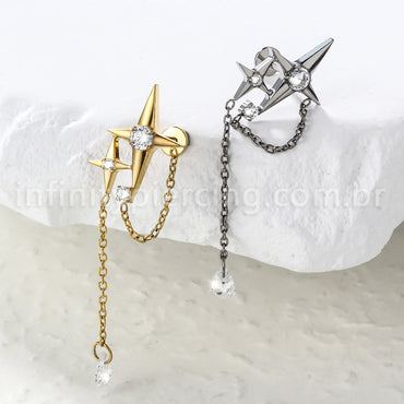 Piercing Labret Titânio Estrela 4 Pontas Com Corrente