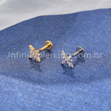 Piercing Labret Aço Cirúrgico Floco De Neve Zircônia Cravejada