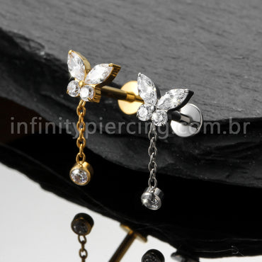 Piercing Labret Titânio Borboleta Com Pingente Zircônia Cravejada