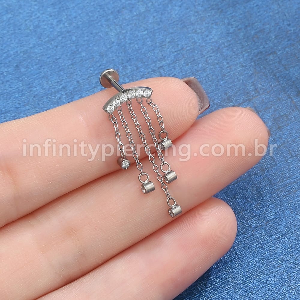 Piercing Labret Titânio Curvo Com Corentes Zircônia Cravejada