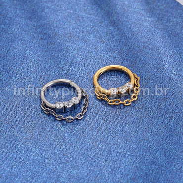 Piercing Argola Titânio Segmento Articulado 3 Pedras Zircônia Com Correntinha