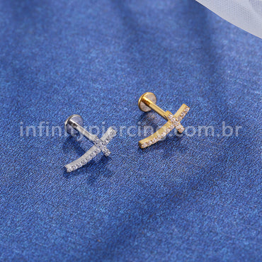 Piercing Labret Aço Cirúrgico Cruz Curva Zircônia