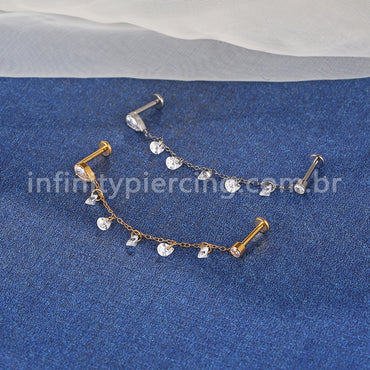Piercing Labret Titânio Gota Corrente Com Zircônia
