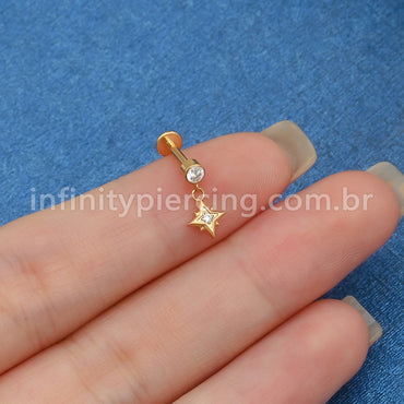 Piercing Labret Aço Cirúrgico Ponto De Luz Com Pingente Estrela