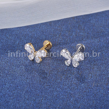 Piercing Labret Aço Cirúrgico Borboleta Zircônia