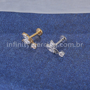 Piercing Labret Aço Cirúrgico 2 Petalas Com Pingente Zircônia