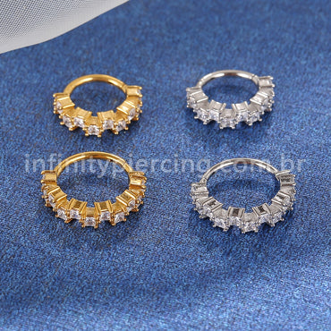 Piercing Argola Aço Cirúrgico Segmento Articulado Quadrado Zircônias Cravejadas
