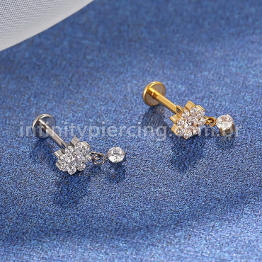 Piercing Labret Titânio Flor com Pingente Zircônia Cravejada