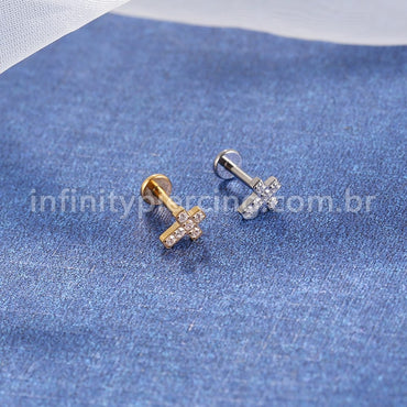 Piercing Labret Titânio Cruz Zircônia Cravejada