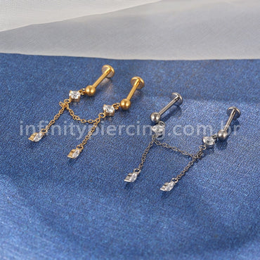 Piercing Labret Duplo Titânio Corrente/Pingente Zircônia