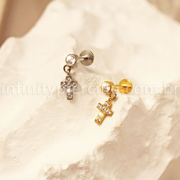 Piercing Labret Titânio Pingente Cruz Cravejada