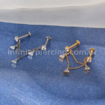 Piercing Labret Duplo Titânio Corrente/Pingente Zircônia