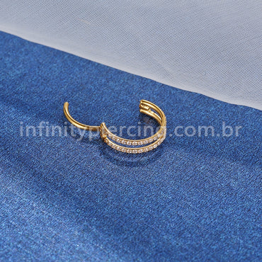 Piercing Argola Segmento Articulado Aço Cirúrgico Vazada 2 Fileiras Zircônia Cravejada