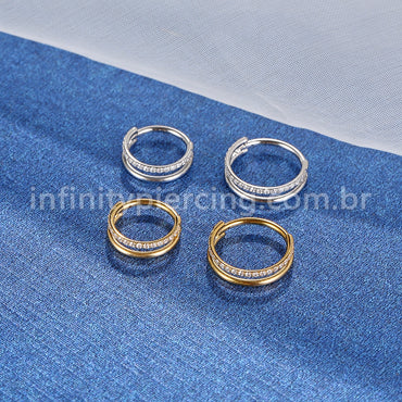 Piercing Argola Segmento Articulado Aço Cirúrgico Vazado 1 Fileira Zircônia Cravejada