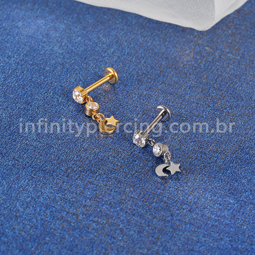 Piercing Labret Titânio Zircônia Cravejada Pingente Estrela/Lua