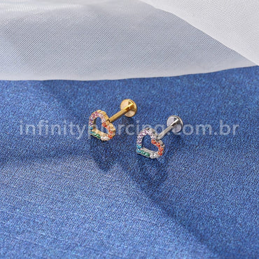 Piercing Labret Titânio Coração Vazado Zircônia Coloridas