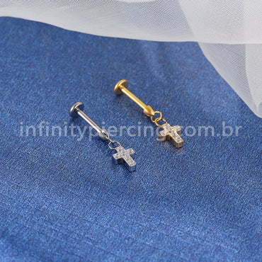 Piercing Labret Titânio Zircônia Pingente Cruz