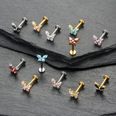 Piercing Labret Titânio Borboleta Zircônia Cravejada