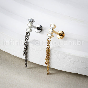 Piercing Labret Titânio 3 Zircônia Com Corrente