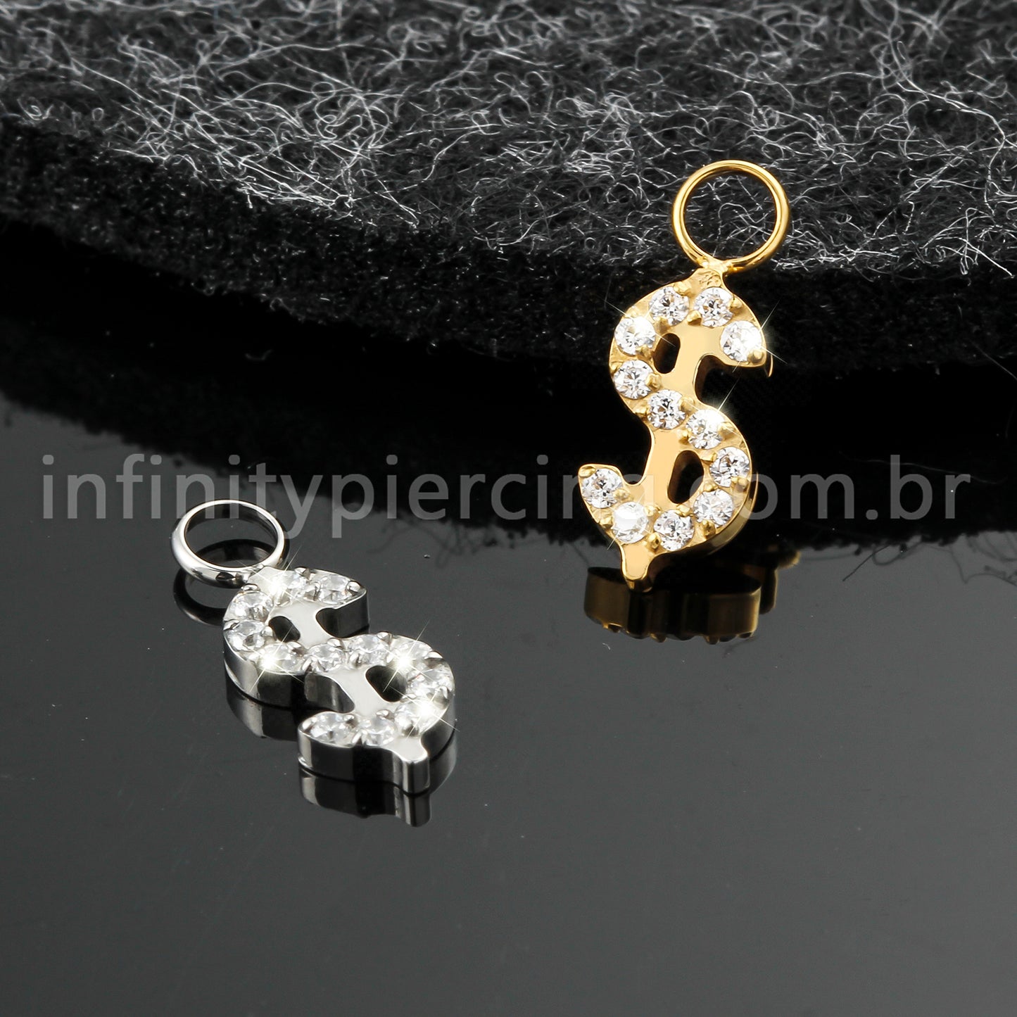 Pingente Para Piercing Titânio Cifrão Zircônia Cravejada