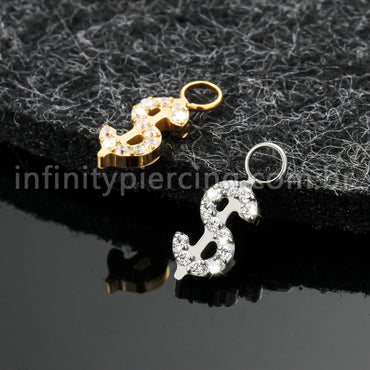 Pingente Para Piercing Titânio Cifrão Zircônia Cravejada