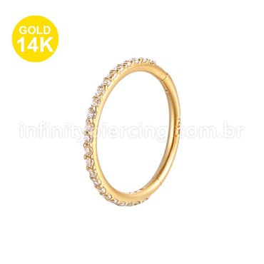 Piercing Argola Segmento Articulado Ouro 14K Zircônia Cravejada