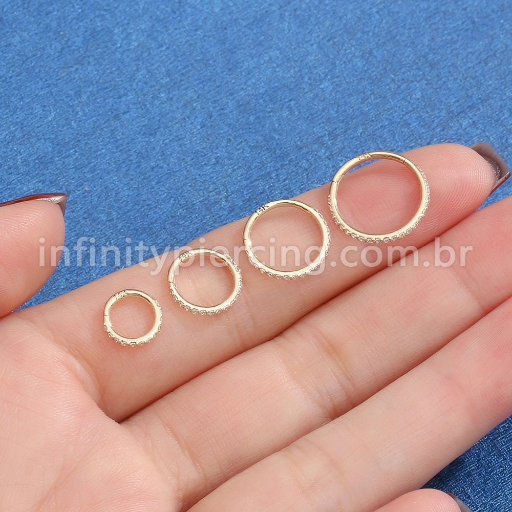 Piercing Argola Segmento Articulado Ouro 14K Zircônia Cravejada