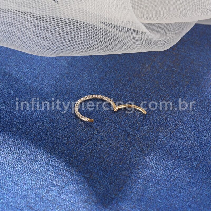 Piercing Argola Segmento Articulado Ouro 14K Zircônia Cravejada Frontal