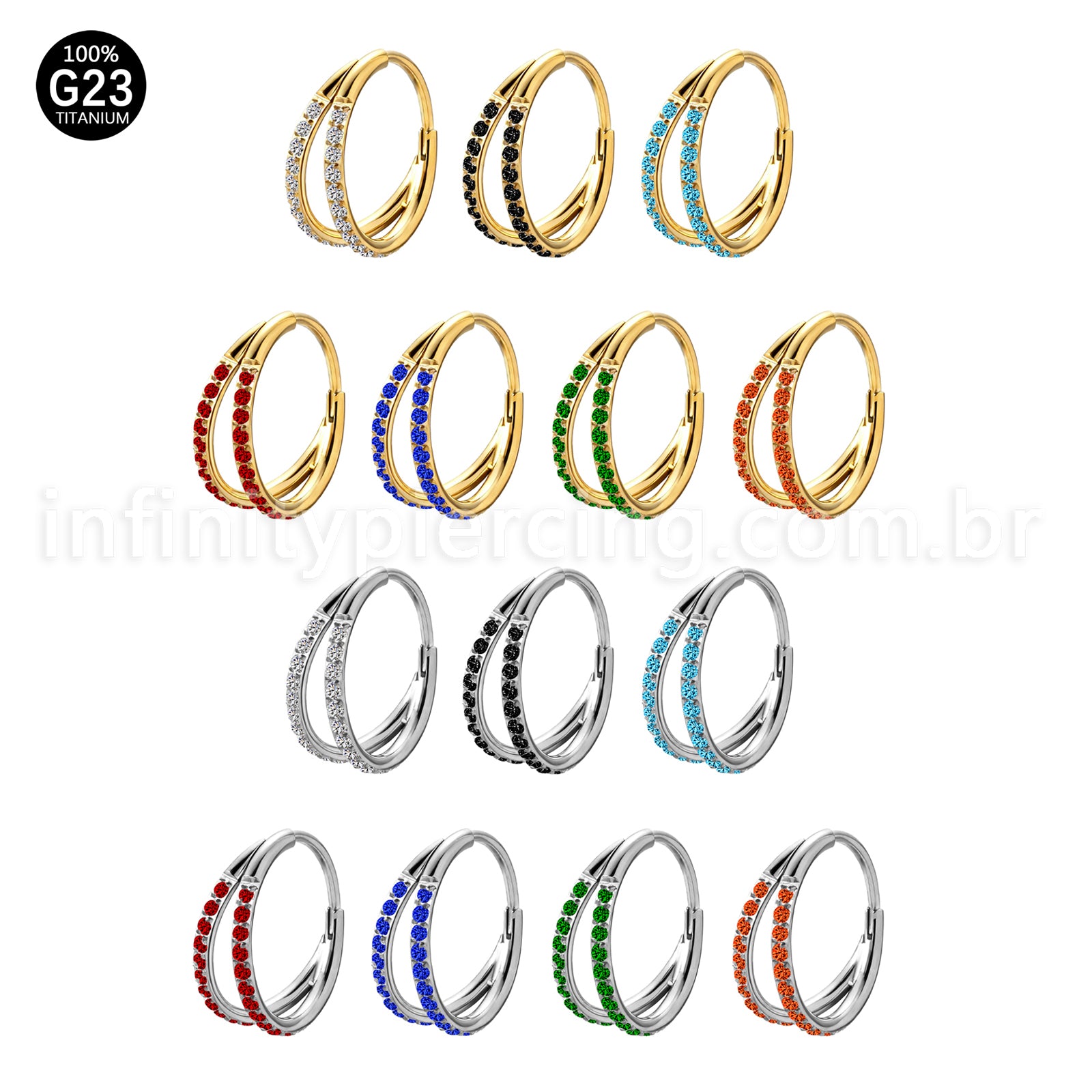 Piercing Argola Segmentada Titânio 2 Fileiras Zircônia Cravejada